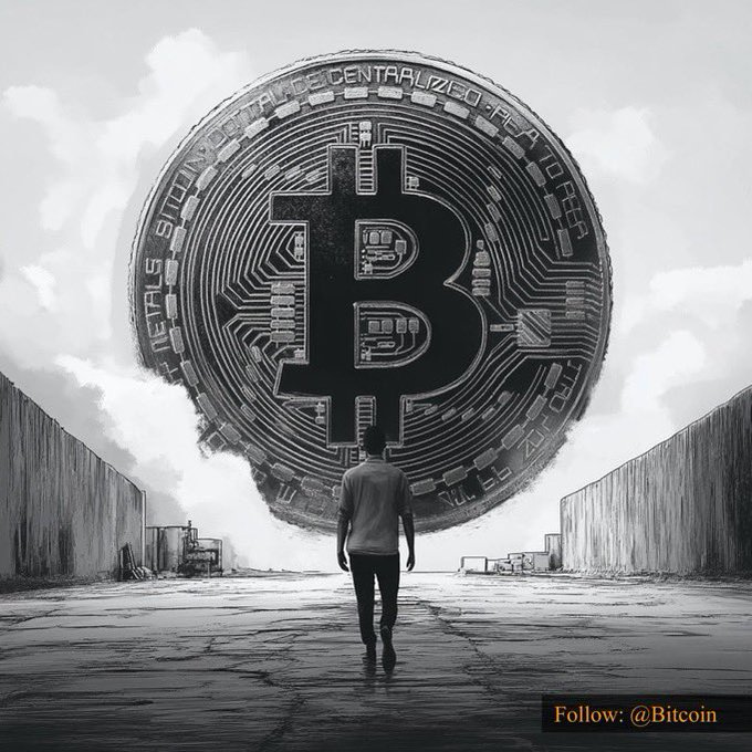 A lone figure stands before a massive Bitcoin coin engraved with "VIRTUAL BITCOIN DIGITAL DECENTRALIZED PEER TO PEER," contemplating his long position and wondering when to take profits. The image's symbolism of a person dwarfed by the enormous Bitcoin reflects the poster's uncertainty about when to close his trade and lock in gains.