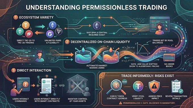 An educational infographic titled 'UNDERSTANDING PERMISSIONLESS TRADING' explaining decentralized exchange concepts including Ecosystem Variety, Decentralized On-Chain Liquidity with AMM formulas, and Direct Interaction, ending with a warning to 'TRADE INFORMEDLY: RISKS EXIST'.