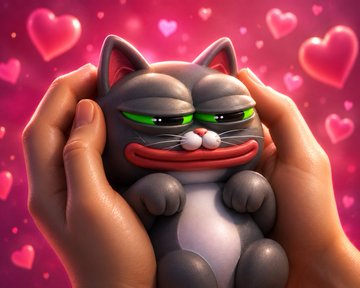 A 3D-rendered cartoonish grey cat with an angry expression is held gently between two human hands, set against a pink background filled with floating hearts.