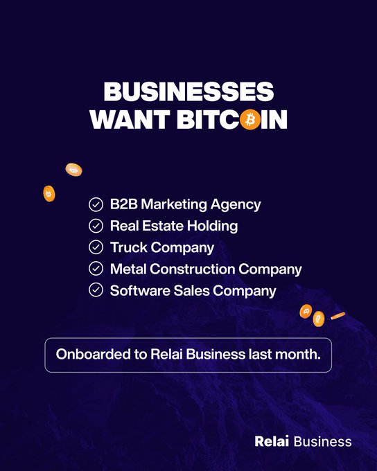 A promotional graphic with the headline 'BUSINESSES WANT BITCOIN' lists five types of businesses that recently onboarded to Relai Business: B2B Marketing Agency, Real Estate Holding, Truck Company, Metal Construction Company, and Software Sales Company.