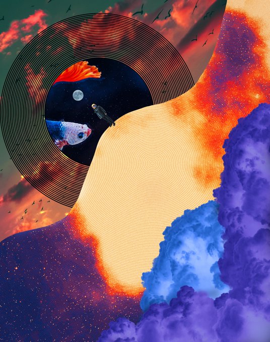 A surreal, vibrant digital artwork featuring a human profile silhouette filled with an orange cosmic texture, bordered by swirling purple and blue clouds, with a circular portal showing fish, a moon, and a bird against a starry sky.