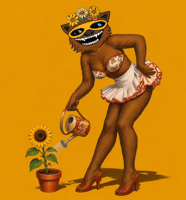 A surreal illustration shows a furry anthropomorphic creature wearing a daisy flower crown, sunglasses, floral bikini top, and white ruffled skirt, watering a potted sunflower against an orange background.