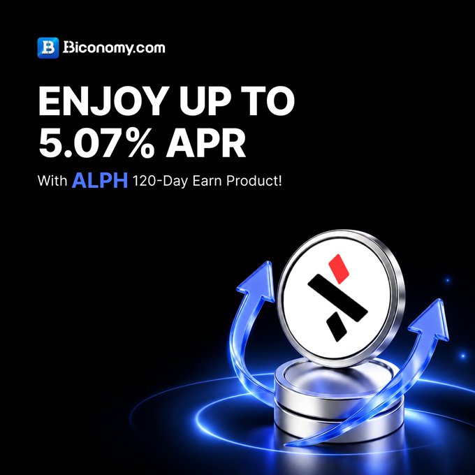 A promotional graphic for Biconomy.com advertising up to 5.07% APR with the ALPH 120-Day Earn Product, featuring a stacked coin with a logo surrounded by blue upward arrows.