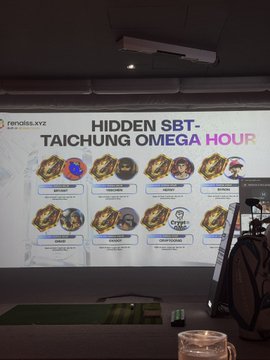 The image shows a projection screen displaying a list of names or characters along with descriptions, likely from an online game or event. The text "Hidden SBBT - Tachsung Omega Hour" can be seen at the top of the screen. A cup is also visible in the bottom right corner of the image.