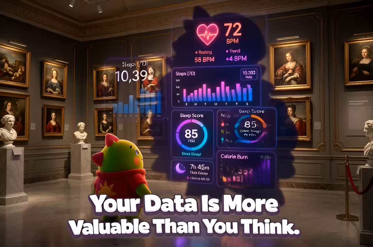 The image shows a digital art piece that represents the data presented at the end of the accompanying text. This art piece appears to be a 3D rendering or virtual representation of a person, with different colored bars displaying various information about their physical activities and health data. The main content of the image is related to the post discussing web2 wellness apps that aim to track users' activity and provide them with insights into their overall well-being.