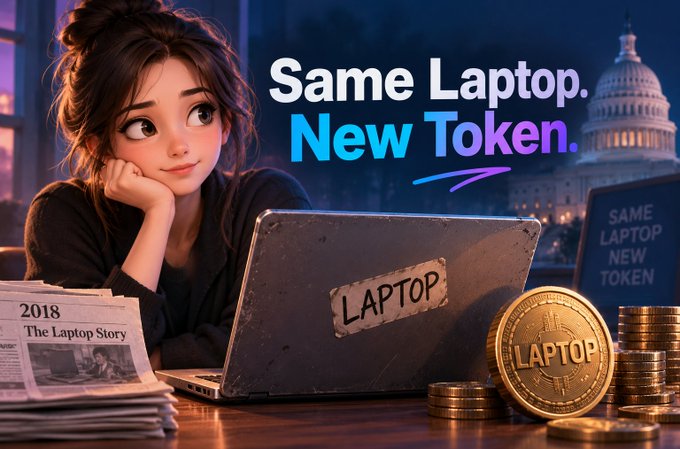 An AI-generated promotional image with text 'Same Laptop. New Token.' showing an anime-style woman at a laptop labeled 'LAPTOP' next to gold 'LAPTOP' branded coins and a newspaper titled '2018 The Laptop Story'.