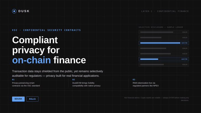 Promotional webpage for 'DUSK' network featuring 'Confidential Finance' with the headline 'Compliant privacy for on-chain finance,' highlighting XSC confidential security contracts and a sample ledger with SEALED and AUDITOR entries.