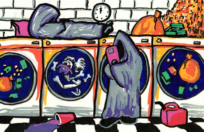 The image shows a cartoon figure with a pink phone standing before washing machines filled with bones and money bags, suggesting a chaotic laundry scene of laundering or cleaning money. The post humorously frames this as an ongoing battle ending Saturday Aug 29 with a current bid of 0.0069e, tying the visual to a competitive bidding war.