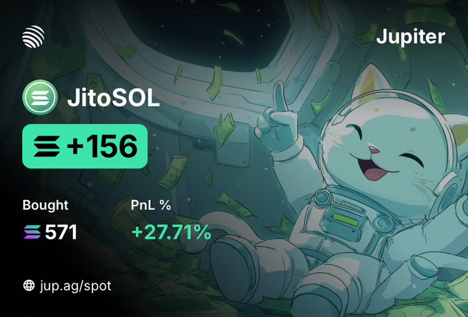 A promotional graphic featuring a cartoon cat in an astronaut suit floating among money, with text for 'Jupiter' and 'JitoSOL' showing 'Bought 571' and 'PnL % +27.71%' with a link to 'jup.ag/spot'.