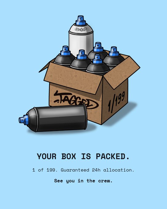 A digital illustration shows a cardboard box filled with spray paint cans, featuring text that reads 'YOUR BOX IS PACKED. 1 of 199. Guaranteed 24h allocation. See you in the crew.'