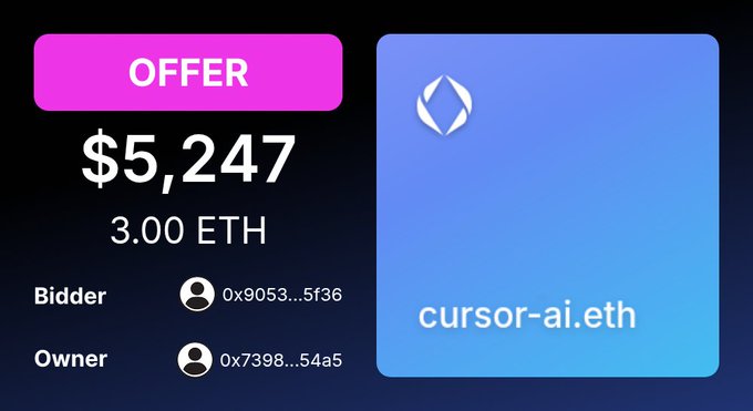 An NFT offer display showing a bid of $5,247 (3.00 ETH) for the ENS domain 'cursor-ai.eth' with a blue and purple gradient logo.