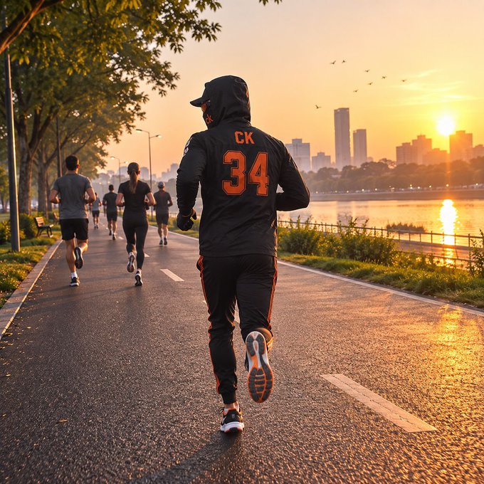A runner wearing a black hoodie with "CK 34" jogs along a riverside path at sunset, with other runners and a city skyline in the background.