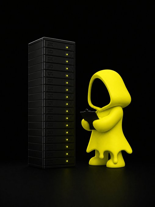A 3D rendering of a yellow hooded figure holding a clipboard, standing next to a tall stack of black server units with yellow indicator lights against a dark background.