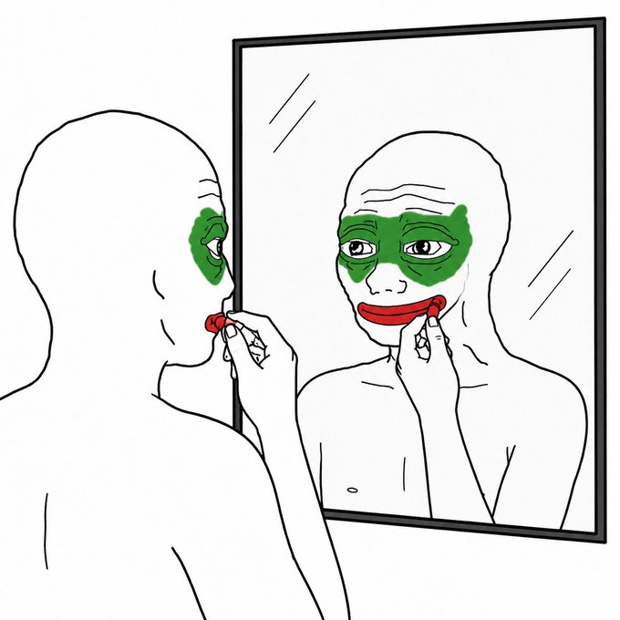 A line drawing of a person wearing a green eye mask and red clown-like smile makeup, applying the same makeup while looking at their reflection in a mirror.