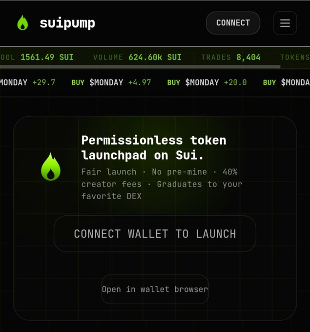 The image shows the suipump website homepage, a permissionless token launchpad on Sui, displaying metrics of 1561.49 SUI pool, 624.60K SUI volume, and 8,404 trades. This aligns with the post highlighting suipump as "Sui's memecoin store" following a successful winning week.