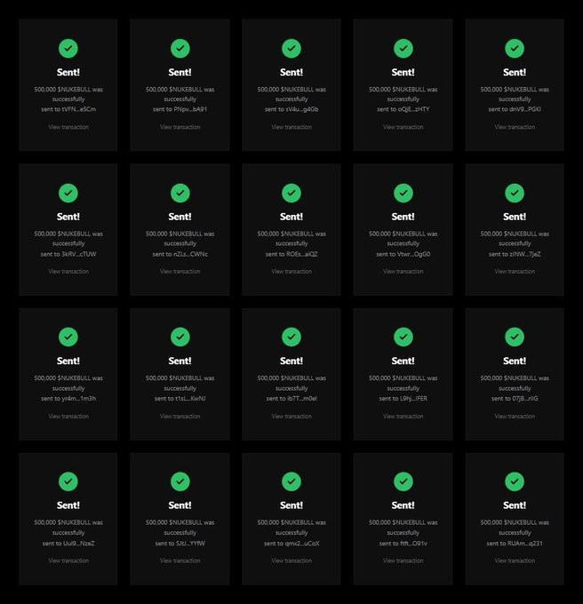 A grid of 20 transaction confirmations showing 500,000 $NUKEBULL tokens sent successfully to various crypto addresses.