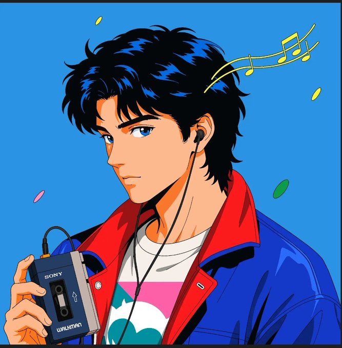 A retro anime-style illustration shows a young man with messy dark hair wearing a Sony Walkman cassette player and earphones, listening to music on a vibrant blue background with floating musical notes—visually capturing the City Pop and 80s–90s Japanese nostalgia aesthetic that inspires the Miraipop NFT collection giveaway.