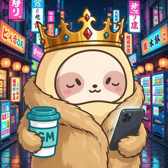 An illustration of a cute cartoon sloth wearing a golden crown and fuzzy coat, holding a coffee cup and smartphone in a neon-lit Asian city street.