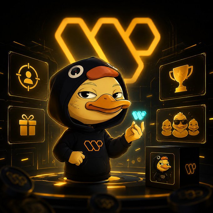 The image features a cartoon duck character wearing a hoodie, holding up a blue object that appears to be a key or lock. The duck is standing next to a box with a picture of another cartoon duck inside. The background includes various cartoon characters and objects such as a trophy, a gift, and a trophy case. The post highlights the new campaign called "@wallchain" where Quack Heads are rewarded for their participation in the game by winning a special pool or raffle.