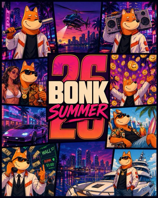 A vibrant collage of an orange Shiba Inu dog living a luxurious lifestyle—flying helicopters, driving Lamborghinis, partying with women, and lounging on yachts—with the bold text "BONK SUMMER" at the center, alongside visible details like a "WALL ST" sign showing "BONK" at "$1.00." The image perfectly captures the post's playful hype about BONK summer arriving before GTA VI, using the meme's iconic Shiba Inu mascot to parody the lavish, over-the-top lifestyle often teased in GTA VI trailers.
