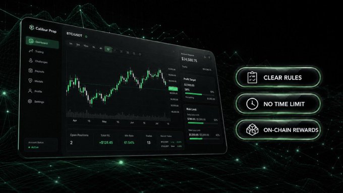 A promotional graphic for 'Calibur Prop' displaying a BTC/USDT trading dashboard with a candlestick chart showing a +$128.45 P&L, alongside three highlighted features in glowing green buttons: 'CLEAR RULES', 'NO TIME LIMIT', and 'ON-CHAIN REWARDS'.