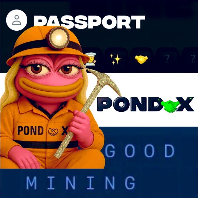 A pink cartoon character wearing an orange miner's helmet with a headlamp and matching jumpsuit labeled 'POND X' holds a pickaxe, with text reading 'PASSPORT', 'PONDX', and 'GOOD MINING' in the background.