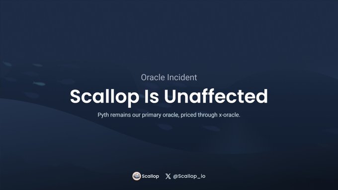 A dark blue graphic stating 'Oracle Incident: Scallop Is Unaffected' with the note 'Pyth remains our primary oracle, priced through x-oracle,' featuring the Scallop logo and Twitter handle @Scallop_io.