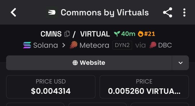Screenshot of the "Commons by Virtuals" token page on a DEX tracker showing CMNS/VIRTUAL pair on Solana via Meteora, with a price of $0.004314 USD (0.005260 VIRTUAL) and a 40m age, ranked #21.