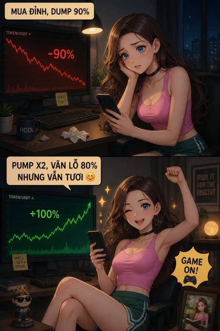 The image is a two-panel illustration depicting a trader who bought a token at its peak ("MUA ĐỈNH, DUMP 90%") showing her distressed with a -90% chart, and then celebrating despite still losing 80% after a 100% pump ("PUMP X2, VẪN LỖ 80% NHƯNG VẪN TƯƠI 😄"), humorously captioned "GAME ON!"—perfectly capturing the irrational optimism of crypto traders described in the post.