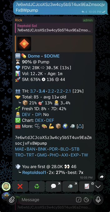 A Telegram message showing a crypto token called 'Dome' ($DOME) with detailed metrics including 90% supply at Pump, FDV of 28K, 5M market cap, and 676% gain, posted in a group chat.