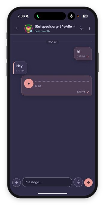 A smartphone displays a chat interface with "Ratspeak.org-84b48e" showing an exchange where one user says "hi" and replies "Hey" with a 2-second voice message at 6:41 PM. This illustrates the $ratspeak platform's messaging functionality being highlighted as an undervalued project on Base by its builder @defidude.