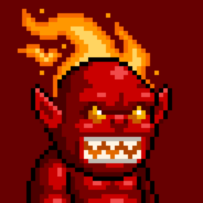 A pixel art illustration of a red-skinned demon or devil character with flaming yellow hair and a menacing grin against a dark red background.