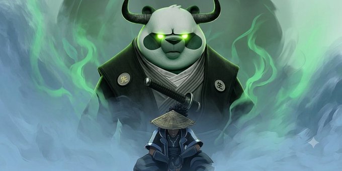A digital illustration shows a small warrior in a straw hat and traditional robes kneeling before a massive, glowing-eyed panda spirit in samurai armor, surrounded by green mist—evoking themes of determination and spiritual power that mirror the post's bullish $ANSEM conviction toward a billion-dollar market cap.