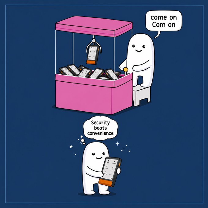 The image features two cartoon characters, a white character holding an orange cell phone and another white character with a pink box of phones hanging from a crane above them. The caption below the image reads "Security beats convenience ledger breaks the false choice by delivering real security and real convenience together".