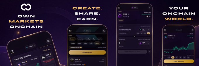 A promotional banner for a cryptocurrency app displaying 'OWN MARKETS ONCHAIN', 'CREATE. SHARE. EARN.', and 'YOUR ONCHAIN WORLD' alongside mobile interfaces for trading tokens like SOL, LYNK, and BONK.
