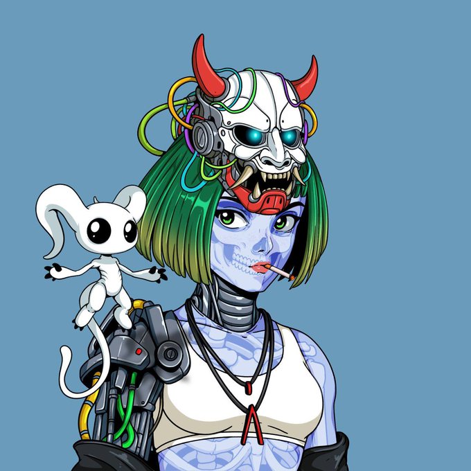 A digital illustration of a cybernetic female character with green hair and a demonic horned mask, with a small white creature perched on her shoulder.