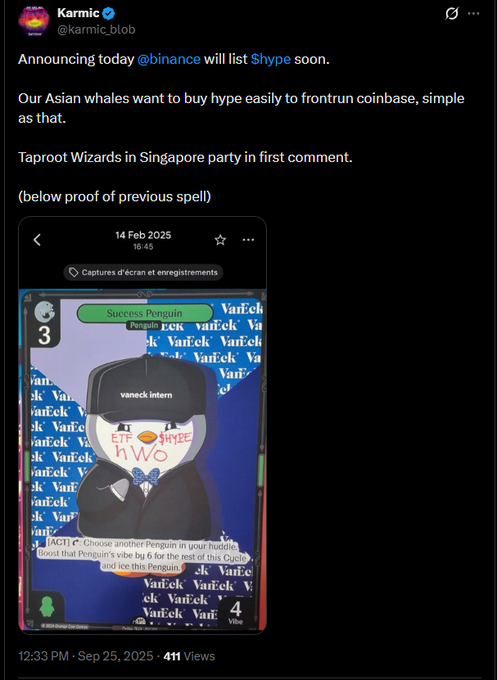 A tweet from account 'Karmic' (@karmic_blob) announcing that Binance will list Shype soon, featuring a screenshot of a Penguin-themed mobile game called 'Success Penguin'.