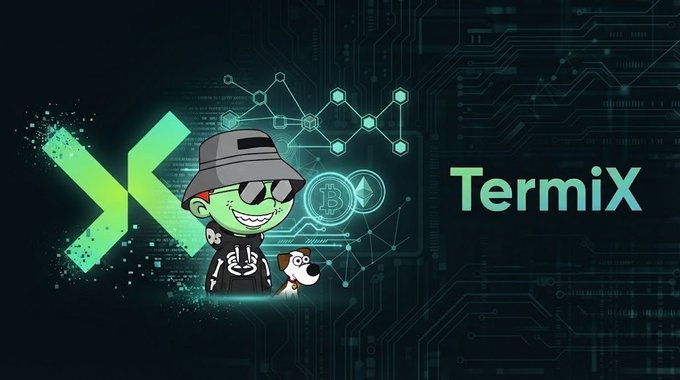 A digital graphic featuring a cartoon green character wearing a hat and sunglasses, holding a dog, with the logo and text "TermiX" displayed against a circuit-board-themed background.