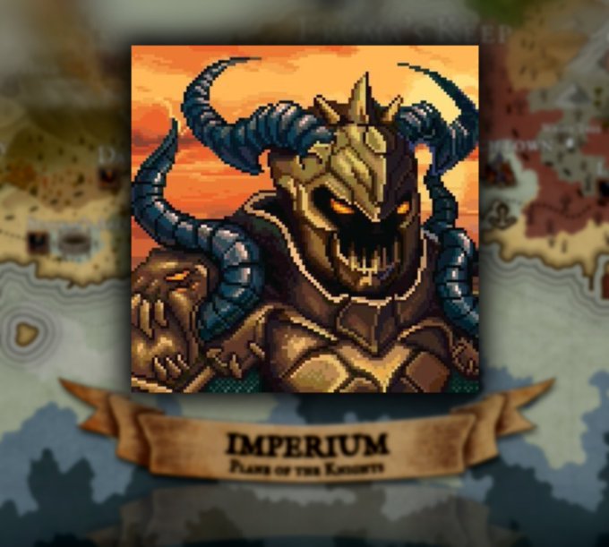 A pixel-art style video game promotional graphic for 'IMPERIUM: Plague of the Kniggets,' featuring a menacing demonic figure with large blue horns and glowing yellow eyes against an orange sky, set over a parchment map background.