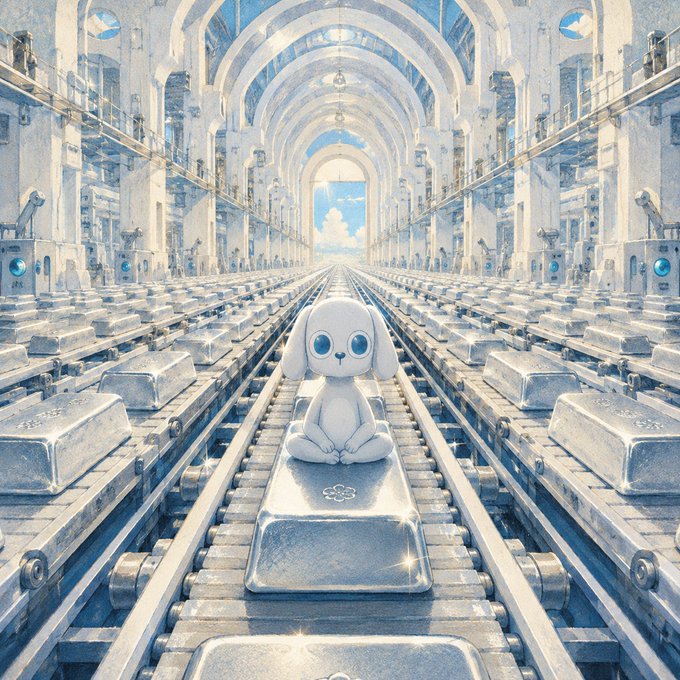 A cute white puppy with large blue eyes sits atop a gleaming silver bar on a massive industrial conveyor belt in a grand silver factory. The image symbolizes the abundant silver distributions and achievements highlighted in the $DEGS statistics, representing the scale of rewards paid to holders.