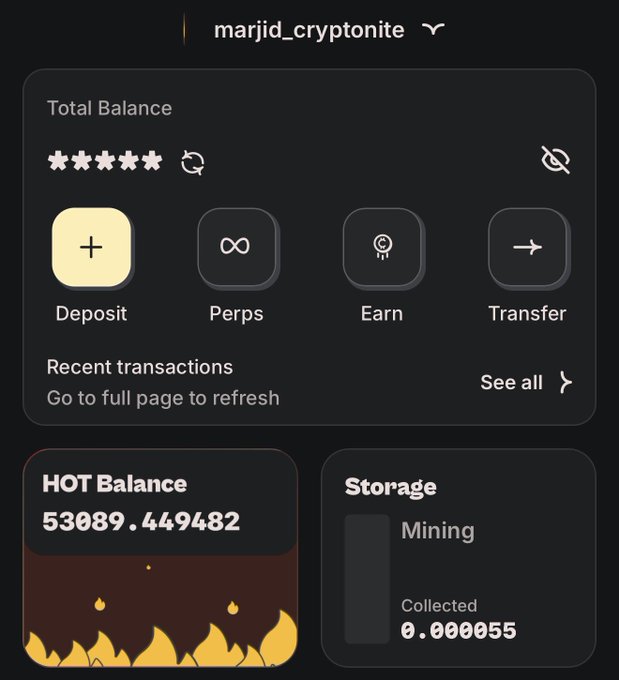 The screenshot shows a crypto wallet dashboard for "marjid_cryptonite" with a redacted total balance, four action buttons (Deposit, Perps, Earn, Transfer), a "HOT Balance" of 53089.449482 displayed over flame graphics, and a Storage section showing 0.000055 collected from mining. The image illustrates the post's concern about the future of $HOT, given the wallet's substantial HOT holdings and minimal mining returns, prompting reflection on whether to distribute the tokens to the community.