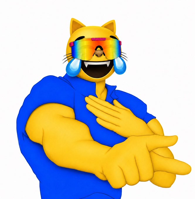 A muscular 3D cartoon cat wearing rainbow shutter shades and a blue hoodie, crying tears of joy.