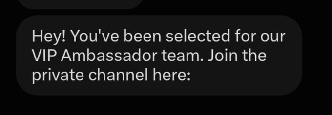 A direct message reading: 'Hey! You've been selected for our VIP Ambassador team. Join the private channel here:'