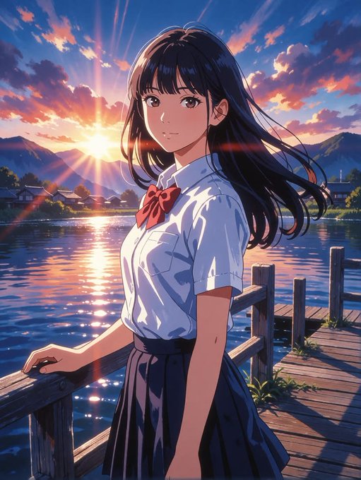 An anime-style illustration of a black-haired schoolgirl in a sailor uniform with a red bow, standing on a wooden pier at sunset with a lake and mountains in the background.