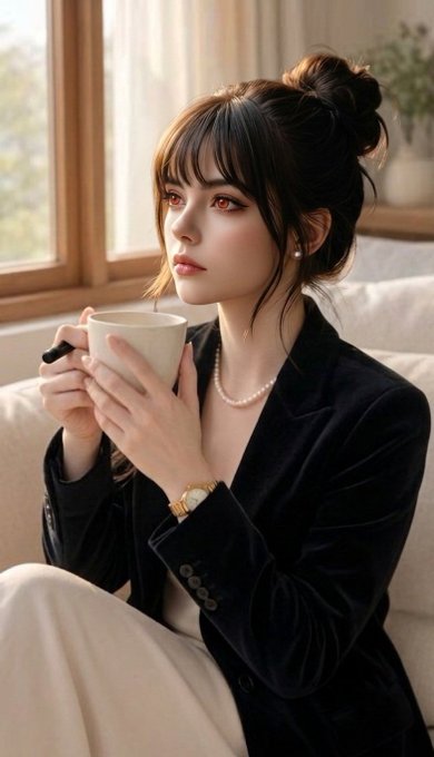A portrait of a young woman with dark hair in an updo, wearing a dark velvet blazer and pearl necklace, holding a white teacup while sitting near a window.