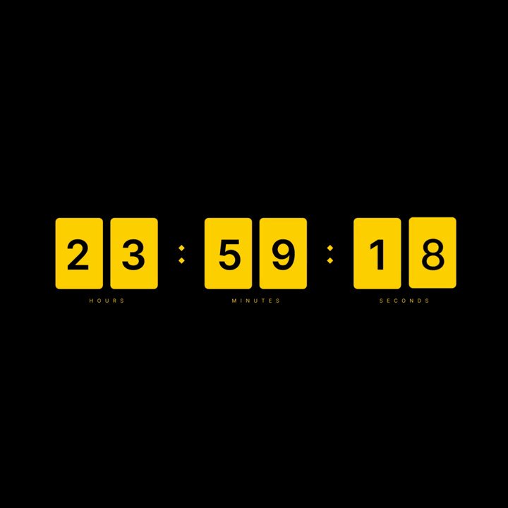 The image features a black background with three yellow clocks displaying the time of 23:59:18. The clocks are arranged vertically, showing that the first clock reads "23:59", the second clock reads "58:19", and the third clock reads "18:18". The text in the image is related to an event happening on June 18th at 12:00 PM (noon) in the United States. The clocks are positioned such that they appear to be floating, giving a sense of motion or progression towards the event time.