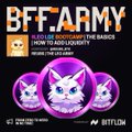 Promotional graphic for a "BFF Army" bootcamp featuring doge-style Shiba Inu characters with purple headphones, advertising an $LEO LGE Bootcamp session titled "The Basics | How to Add Liquidity" scheduled for Wednesday, July 15th at 11:00 AM ET, hosted by AltcoinBuzz.