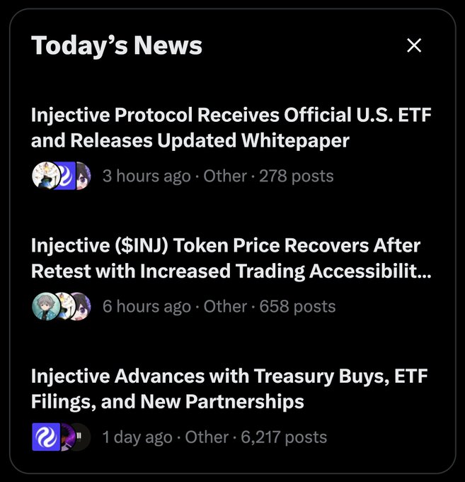 A 'Today's News' feed displaying three articles about Injective Protocol: receiving an official U.S. ETF and updated whitepaper, INJ token price recovery after a retest, and treasury buys with ETF filings.