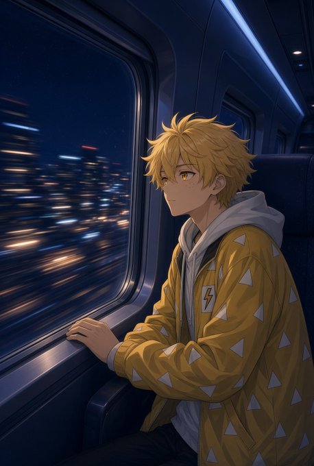 An anime-style illustration of a blonde-haired boy wearing a yellow hoodie with white triangle patterns sitting by a train window at night, gazing out at a blurred cityscape with lights.