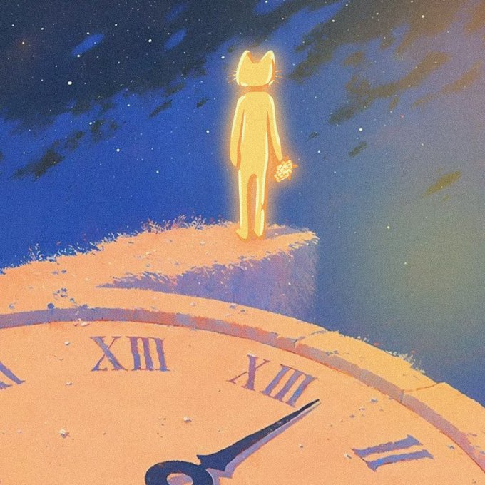 A glowing yellow cat figure stands on the edge of a stone pillar above a giant clock face marked with Roman numerals "XIII" and "XII," set against a starry twilight sky. The whimsical scene reflects the post's metaphor about loyalty and prosperity, suggesting that cats—symbolized by the radiant feline—remain constant companions bringing fortune wherever you go.